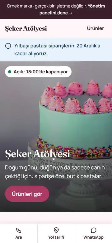 Şeker Atölyesi örnek sitesinin telefondaki görünümü