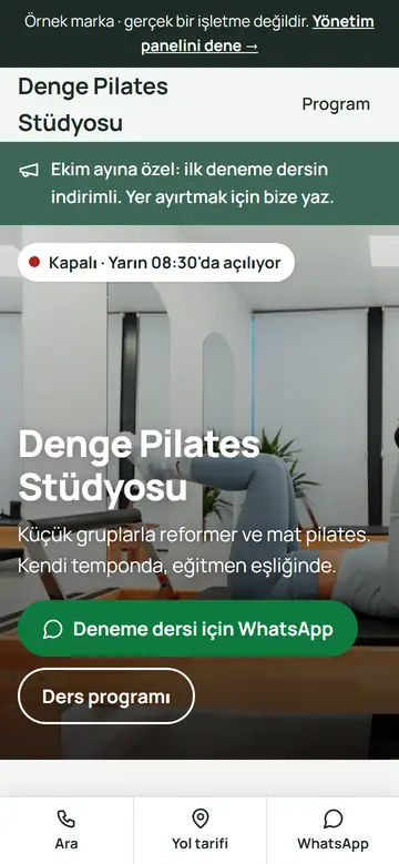 Denge Pilates Stüdyosu örnek sitesinin telefondaki görünümü